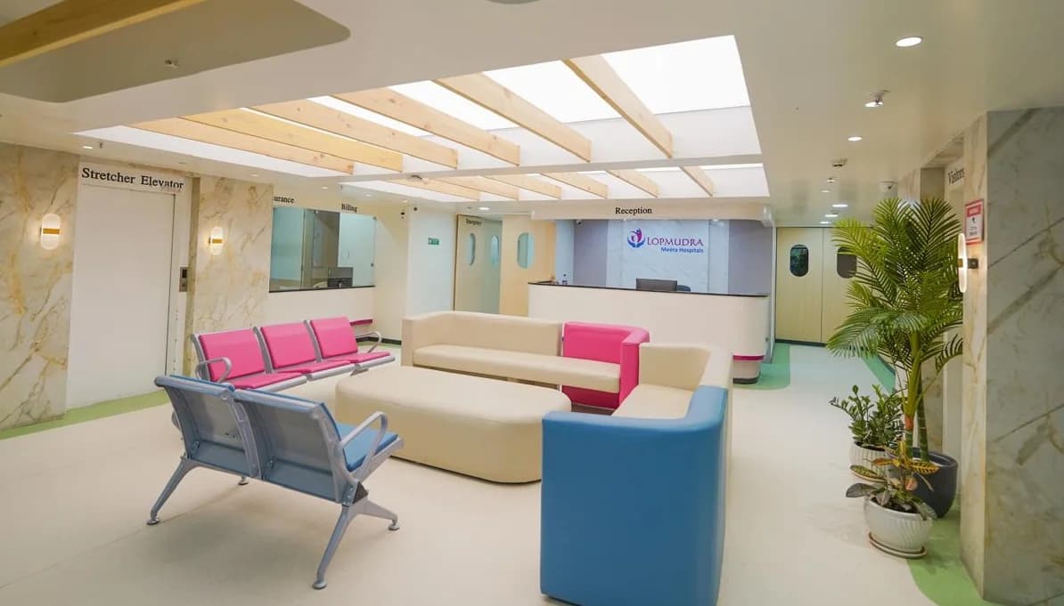 Reception with the Insurance and Billing counters at Lopmudra Meera Hospital, Camp–Swargate